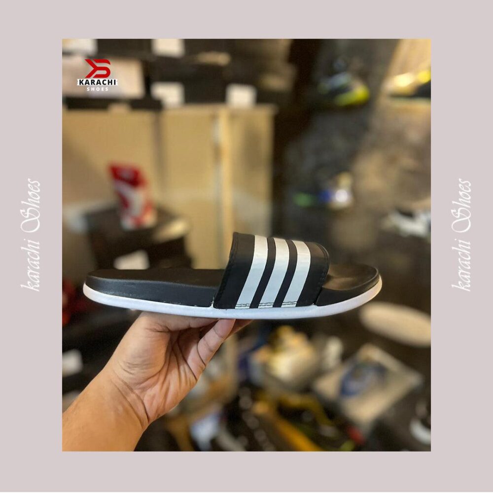 ADIIDAS SLIDES BLACK WHITE PREMIUM QUALITY(DOT PERFECT) - Karachi Shoes