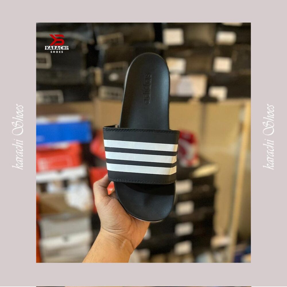 ADIIDAS SLIDES BLACK WHITE PREMIUM QUALITY(DOT PERFECT) - Karachi Shoes